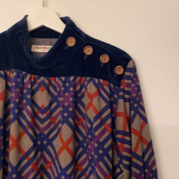 Vintage Saint Laurent Rive Gauche Dress 80s Velvet Wool Geometric Plaid Pattern - Picture 2 of 9